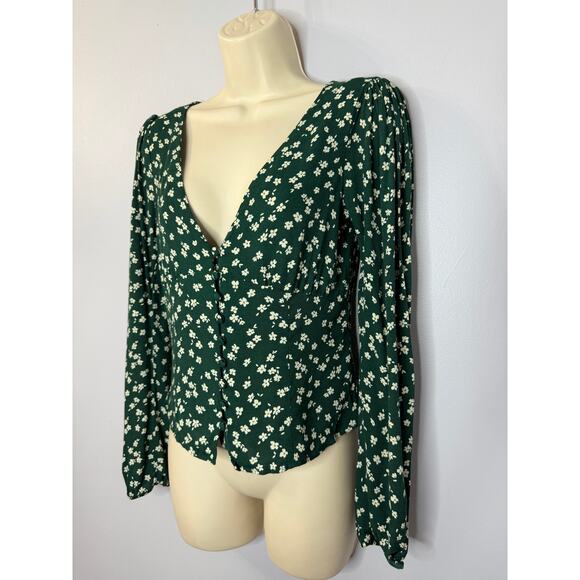 Reformation Nell Top V Neck Annette print Green Floral Long Sleeve Sz M - Picture 10 of 14